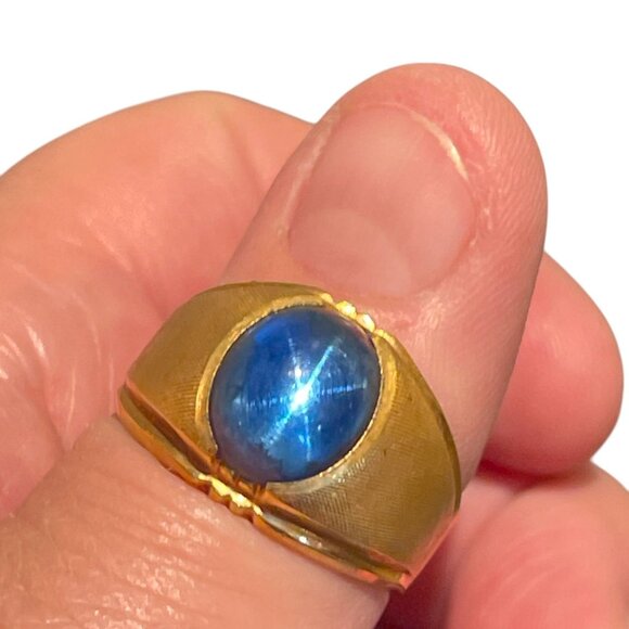 Vintage Men's Ring 10K Gold Filled Blue Glass Star Sapphire Size 11 Mid Century - Picture 3 of 7